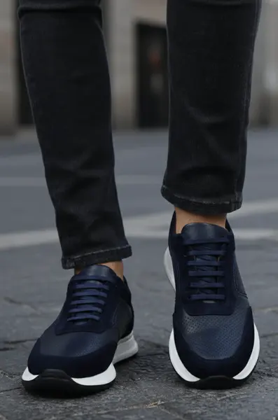Sneakers din Piele Albastri cu Siret - VERN BLU