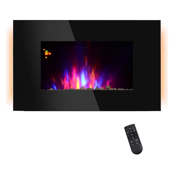 Soba Electrica de Perete sau Sol 2000W cu Flama LED 7 Culori, Negru, control manula/telecomanda, temporizator 90x56x9.5cm HOMCOM | Aosom RO
