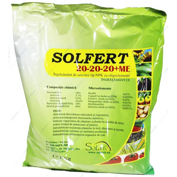 Solfert 20-20-20+ME 1 kg, ingrasamant foliar echilibrat tip NPK+ microelemente (Bor, Cupru, Fier, Mangan, Molibden, Zinc), stimuleaza dezvoltarea radiculara si vegetativa, imbunatateste calitatea si cantitatea productiei - Default Title