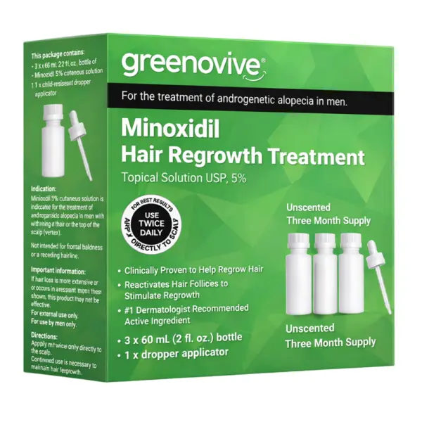 Solutie, GREENOVIVE®, Hair Regrowth Treatment, impotriva Caderii Parului, Minoxidil 5%, pentru Barbati, Pipeta Inclusa, fara Parfum, 3x 60ml