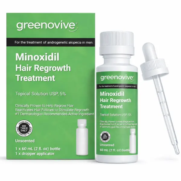 Solutie, GREENOVIVE®, Hair Regrowth Treatment, impotriva Caderii Parului, Minoxidil 5%, pentru Barbati, Pipeta Inclusa, fara Parfum, Tratament 1 Luna, 1x 60ml