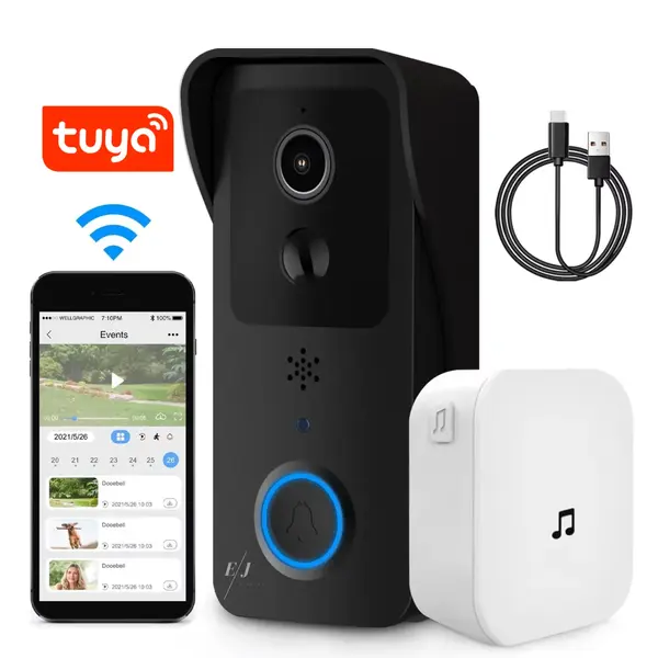 Sonerie video inteligenta WiFi 2.4G/5G, rezistenta la apa IP65, camera HD cu viziune nocturna IR, unghi 166°, detectie miscare PIR, audio bidirectional, compatibila cu aplicatia Tuya Smart, baterie 5200 mAh, negru
