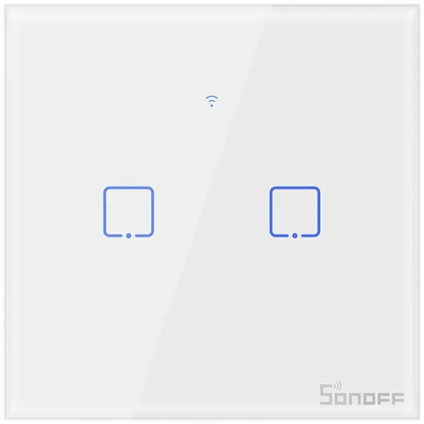 SONOFF Intrerupator inteligent dublu cu touch Sonoff T1EU2C TX, 2 canale, Wi-Fi, compatibil Amazon Alexa si Google Assistant, sticla, Alb