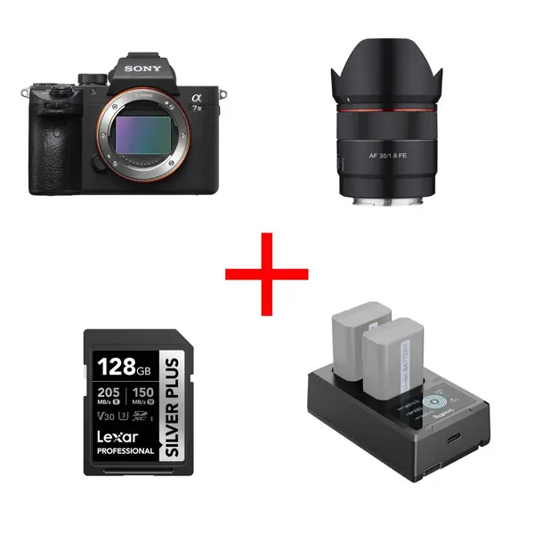 Sony A7 III Body cu Obiectiv Samyang AF 35mm F1.8 FE, Card Lexar 128GB 205MB/s si Incarcator Dublu SmallRig 4081