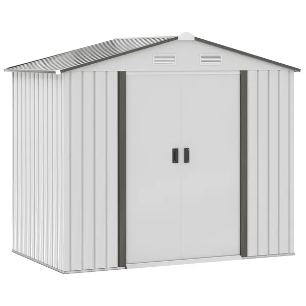 Sopron de gradina din tabla de otel, casuta de gradina cu usi glisante, pentru depozitare si organizare 213x130x185 cm, alb Outsunny | Aosom Romania