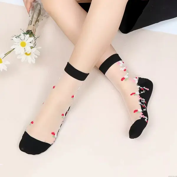 Sosete pentru dama, SS168, model flori, Alb/Negru, marime universala (35-39)