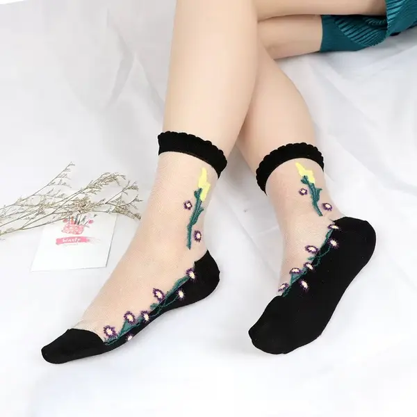 Sosete pentru dama, SS176, model flori, Alb/Negru, marime universala (35-39)