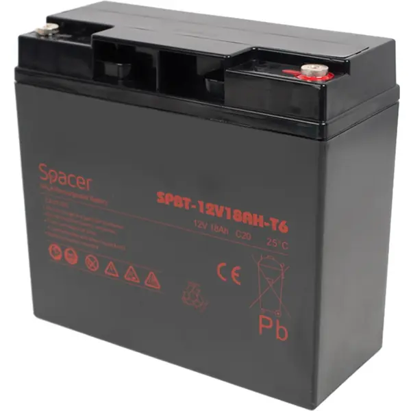 spacer Acumulator UPS SPACER 12V / 18Ah, dimensiuni: 181x77x167mm, inaltime+terminal: 167mm, terminal F6(T6), Negru