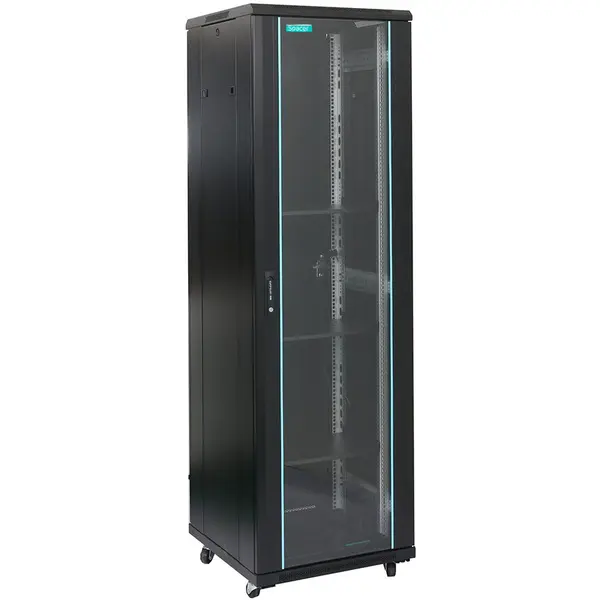 spacer Cabinet Rack SPACER, de podea, 19 inch, 22U, 600x600 mm, usa sticla cu blocare, panouri laterale detasabile, Negru