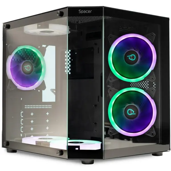 spacer Carcasa PC Spacer Aquarium, Mini Tower, mATX, fara sursa, sticla securizata, 3 x ARGB fan, HUB, telecomanda, USB 3.0, USB Type-C, HD-Audio, Jack 3.5mm, PSU shroud, Negru