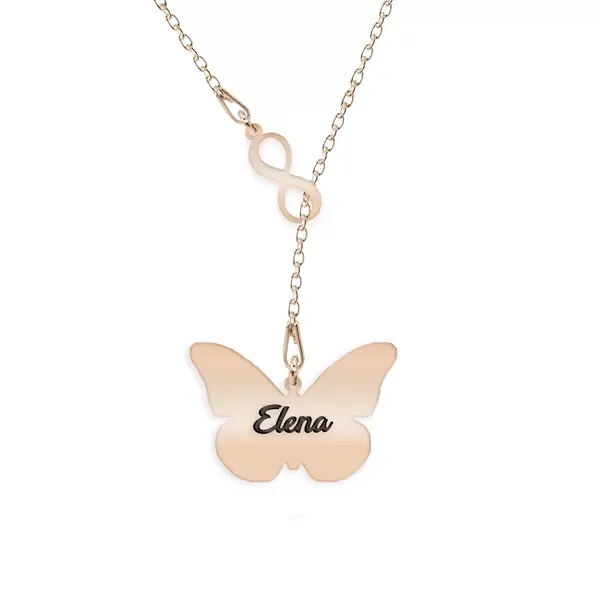 Spangle - Colier personalizat asimetric cu infinit si fluturas din argint 925 placat cu aur roz
