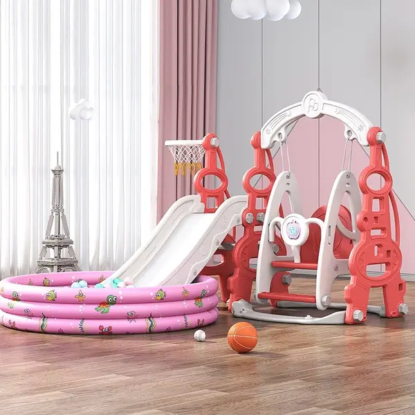 Spatiu de joaca 3 in 1 Nichiduta Garden Tower Arcada Red cu Leagan convertibil, Tobogan cu trepte late, Margini rotunjite, Piscina cu 200 bile joaca incluse, Cos de baschet cu Minge