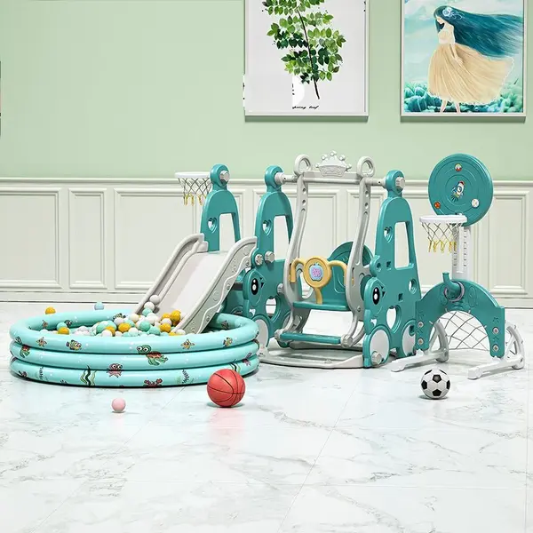 Spatiu de joaca 4 in 1 Nichiduta Garden Happy Turtle Blue cu Leagan convertibil, Tobogan cu trepte late, Margini rotunjite, Poarta de fotbal, Cos de baschet, Piscina cu 200 bile joaca incluse