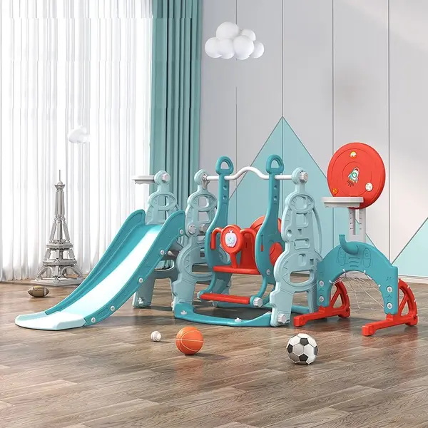 Spatiu de joaca 4 in 1 Nichiduta Garden Tower Blue cu tobogan, leagan cu bara de protectie detasabila, jucarie muzicala, cos de baschet, minge si poarta de fotbal