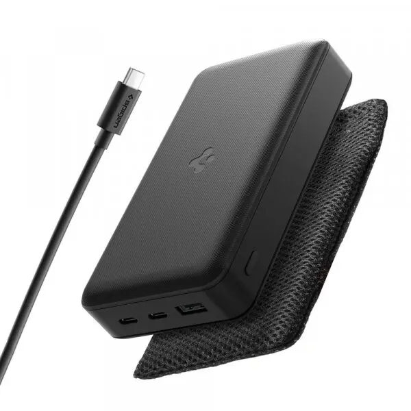 Spigen Baterie Externa Spigen, 20000mAh, 30W, QC + PD, 1 x USB-A - 2 x USB-C, Neagra
