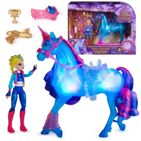 Spin Master Figurina Unicorn Academy Spin Master - River cu lumini Train & Glow si Papusa Isabel