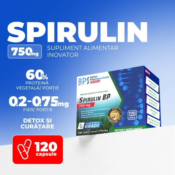 Spirulină, Supliment Natural, Sursă de Vitamine și Detoxifiere, 120 Caps.