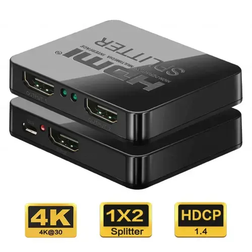 Splitter HDMI PremiumCord, khsplit2c, 1 intrare - 2 iesiri, 3D, 4K x 2K, FULL HD, alimentare cablu USB (Negru)