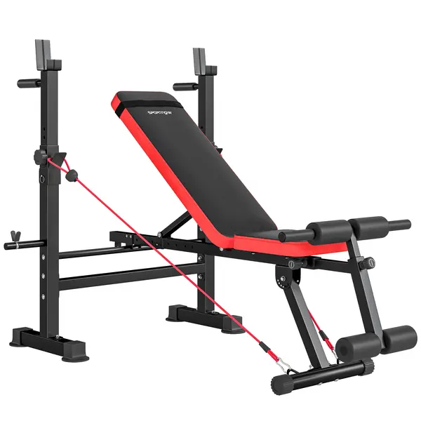 SPORTNOW Bancă Multifuncțională de Fitness cu Suport pentru Greutăți și Reglaje Ajustabile, Bancă de Greutăți cu Stație de Imersiuni, Extensie pentru Picioare, Abdomene, 2 Benzi, Capacitate 420kg, Antrenament acasă | Aosom Romania