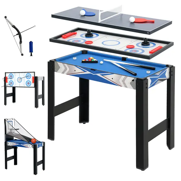 SPORTNOW Masa de jocuri multifuncțională 5 în 1, biliard, ping-pong, hochei, joc de baschet arcade, arc și săgeți, albastru | Aosom Romania