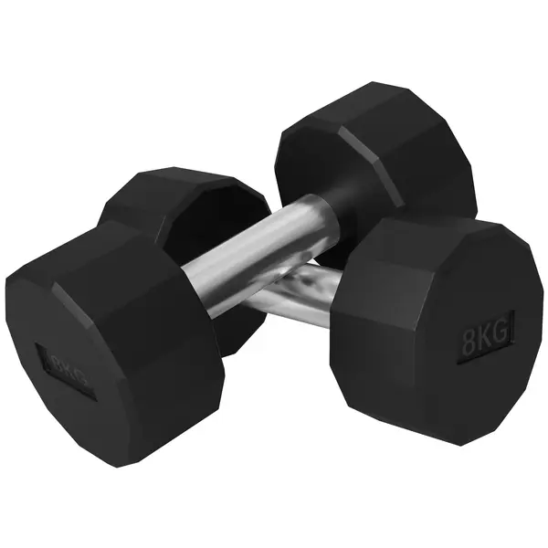 SPORTNOW Set 2 Gantere de 8 kg din Metal și Cauciuc, Set Gantere pentru Sală cu Mâner Antiderapant, 26x12x12 cm, Negru | Aosom Romania