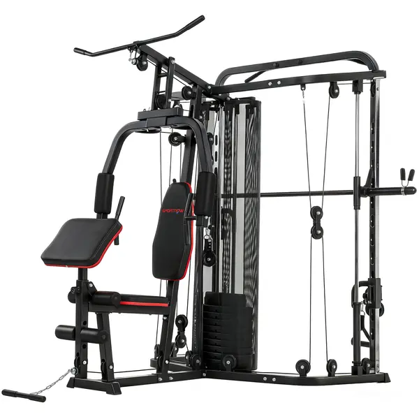 SPORTNOW Stație de forță Stație fitness cu 65kg greutăți, tracțiune lat, bară butterfly, bancă Preacher reglabilă, aparat pentru picioare | Aosom Romania