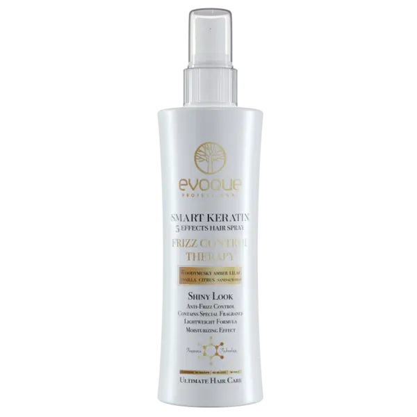 Spray Leave-In cu Keratina, EVOQUE Smart Keratin Frizz Control Therapy, 235 ml - Anti-Frizz, Protectie UV, Cu Ulei de Argan si Macadamia, Parfum Elegant, Fara Sulfati - Evoque