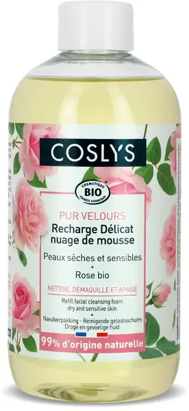 Spuma bio de curatare fara sapun pentru ten uscat si sensibil cu trandafiri (rezerva), 300ml, Coslys
