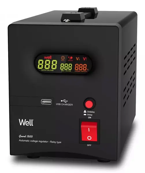 Stabilizator automat de tensiune cu releu 1500VA/900W, negru Well