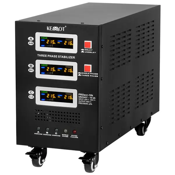 Stabilizator de tensiune trifazat cu servomotor, 10 kVA, 230 V ±3%, BYPASS si DELAY, KEMOT PROavr-10k