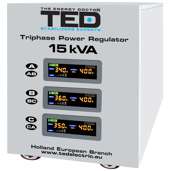 Stabilizator de tensiune trifazat cu servomotor 15KVA, protecție completă, TED Electric