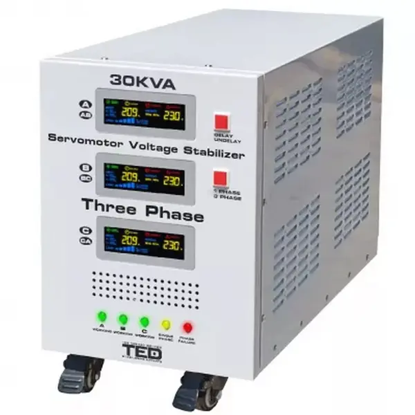 Stabilizator tensiune trifazat TED, 225V-450V, cu servomotor, unda sinusoidala pura, ecran LCD, TED000156