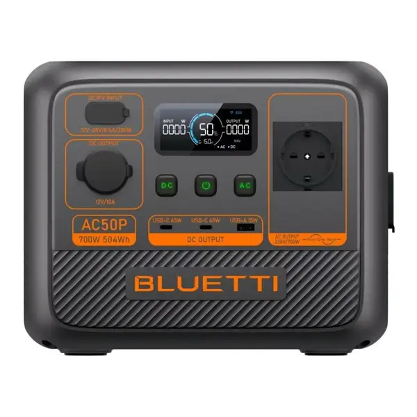 Statie de alimentare portabila Bluetti Premium AC50P, Negru, Ecran LCD, 700W, 504Wh, LiFePO4, Putere varf 1200W