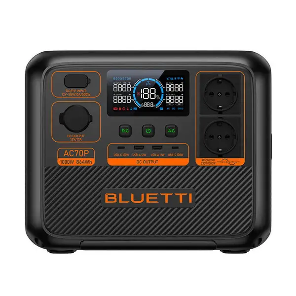 Statie de alimentare portabila Bluetti Premium AC70P, Ecran LCD, 1000W, 864Wh, LiFePO4, Varf 1500W