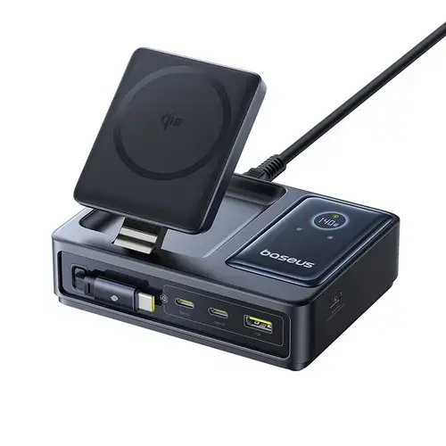 Statie de incarcare Baseus Nomos 5in1 Desktop Charger Qi2, 140W, Wireless Display Digital (Negru)