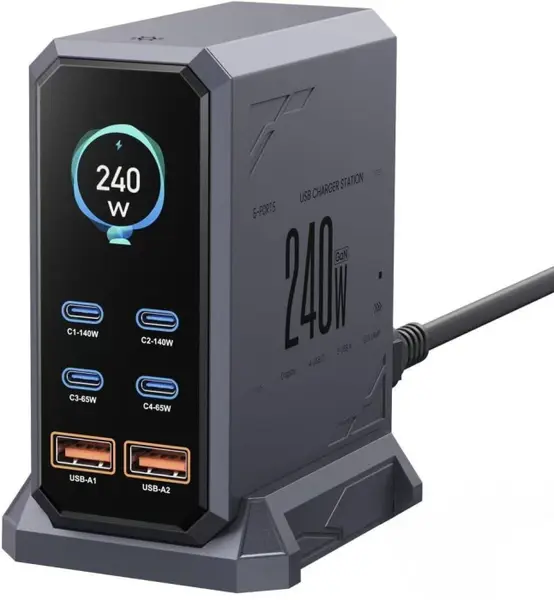 Statie Incarcare GaN iSEN HW186, 240W, 6 Porturi, 4A USB-C PD3.1 + 2A USB-A QC3.0, Display LED, Incarcare Rapida Laptop, Telefon si Tableta