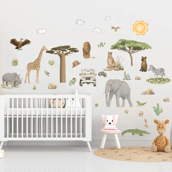 Stickere perete Animale Africa Safari, 37 Piese, autocolant textil premium, repozitionabil