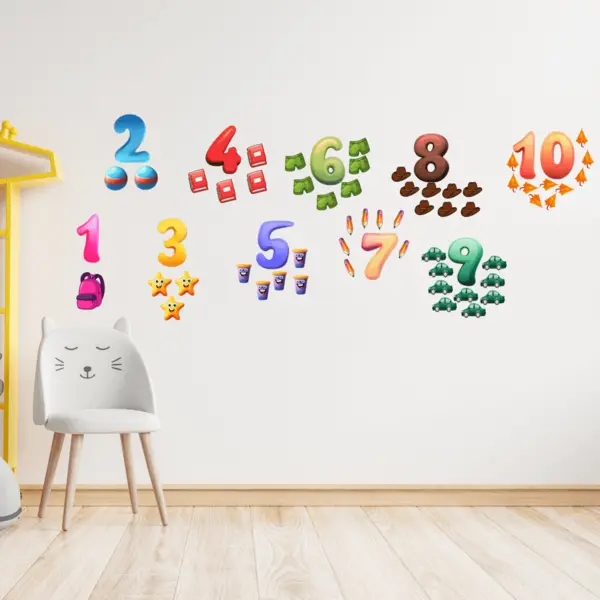 Stickere perete Numere cu Obiecte, set 66 stickere, autocolant textil premium, repozitionabil