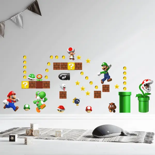 Stickere perete Super Mario, set 52 stickere, autocolant textil premium, repozitionabil