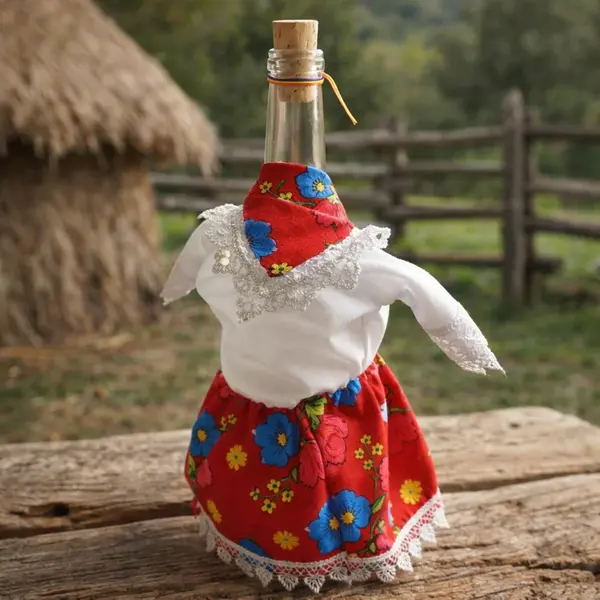 Sticla artizanala pentru tuica si palinca, imbracata in port popular - Morosanca Roșu, 250 ml