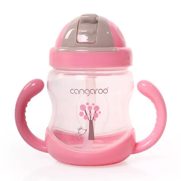 Sticla cu pai din plastic Cangaroo - Roz, 280 ml