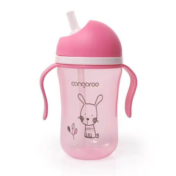 Sticla cu pai din plastic Cangaroo - Roz, 300 ml