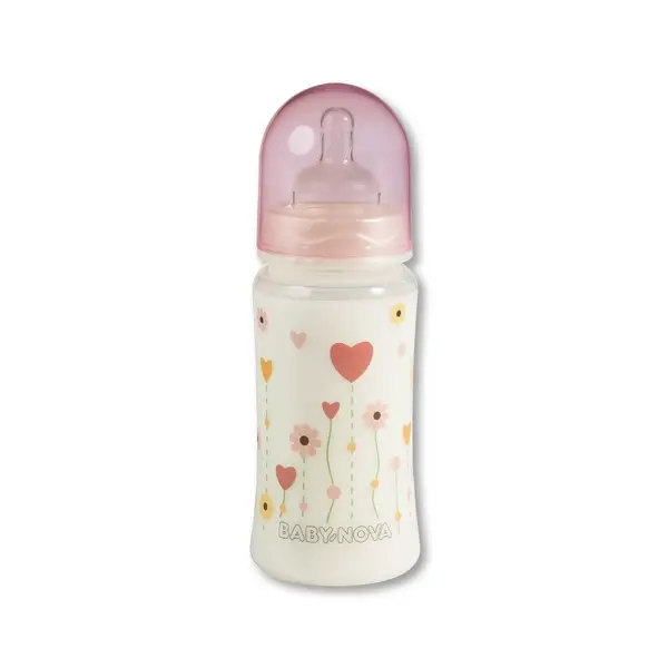 Sticlă de plastic cu gât larg Baby Nova PP - 300 ml, Flori