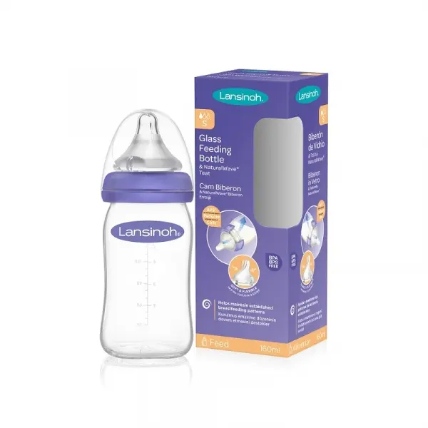Sticlă din sticlă cu tetină Lansinoh - NaturalWave, 1 lună+, 160 ml