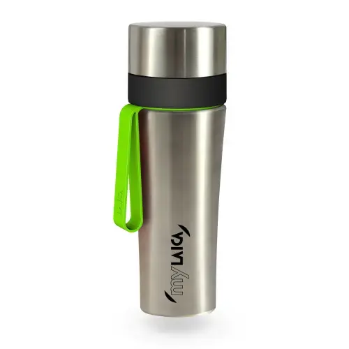 Sticla filtranta Sport myLaica, Inox, 0,55 litri, portabila, Gri/Verde