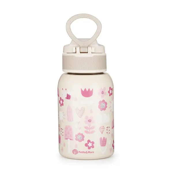 Sticla termos lichide, Petite&Mars, Twinkling Fairy, Din otel inoxidabil, Cu mentinere de temperatura calda pana la 12 h, Rece pana la 24 h, 350 ml, Fara BPA, Cu maner de transport, 12 luni+, Bej/Roz
