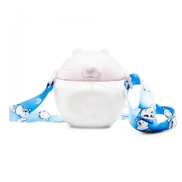Sticluta de apa din tritan pentru copii, Kidnort Bear, sterilizabila, pai moale din silicon cu bila gravitationala, prevazuta cu snur reglabil, capacitate 300 ml, Pink