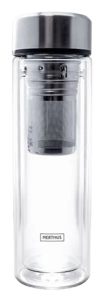Sticluță din sticlă cu pereți dubli Nerthus - Cu infuzor și protecție din neopren, 350 ml
