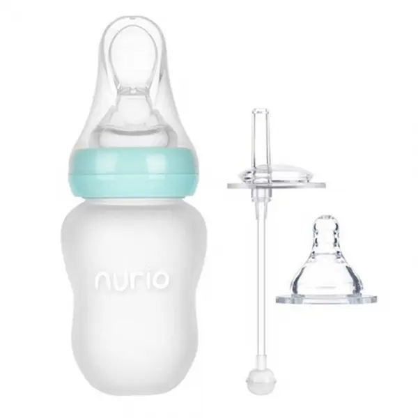 Sticluta inteligenta pentru diversificare 3 in 1 Nurio , lingurita, pai si tetina din silicon, 180 ml, bleu pastel