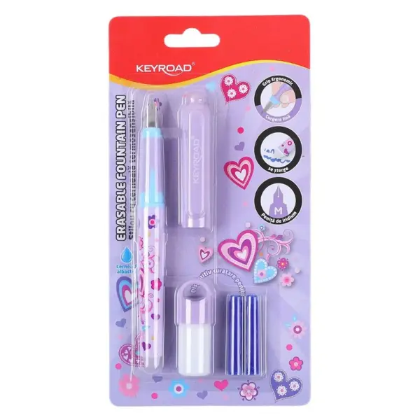 Stilou Keyroad cu Cerneala care se sterge + 2 Rezerve + Dispozitiv Curatare Penita,corp mov